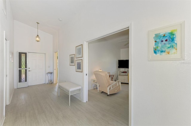 entryway featuring ceiling fan, light hardwood / wood-style floors, and high vaulted ceiling