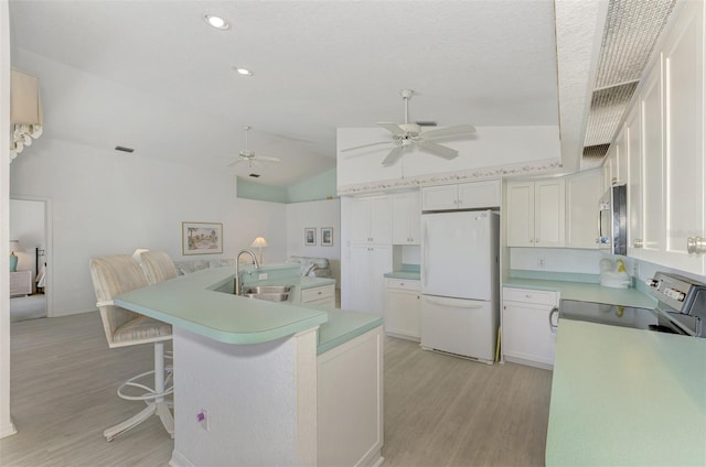 kitchen with white cabinetry, light wood-type flooring, lofted ceiling, and appliances with stainless steel finishes