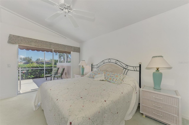 bedroom with ceiling fan, light colored carpet, access to outside, and vaulted ceiling