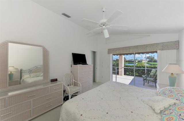 bedroom with access to exterior, ceiling fan, and vaulted ceiling