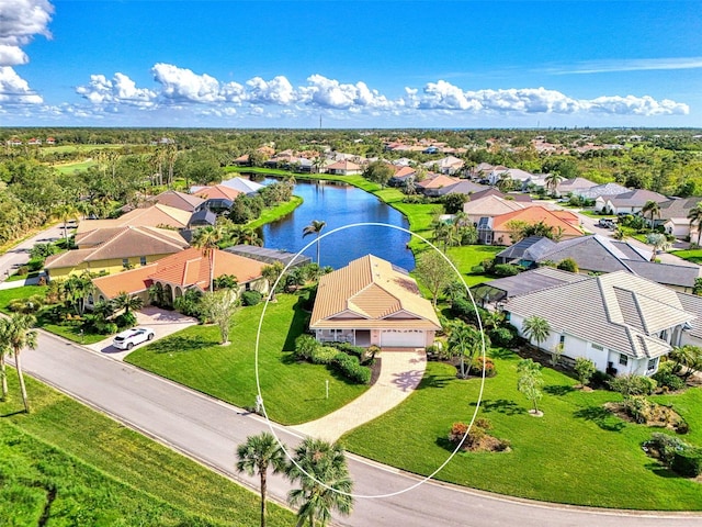 aerial view featuring a water view