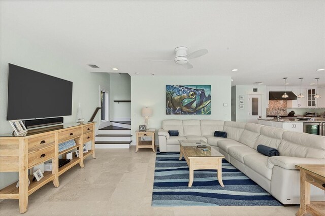 living room featuring wine cooler and ceiling fan