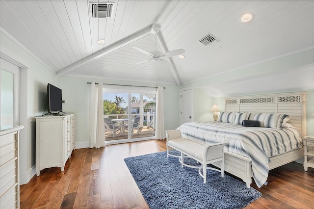 bedroom with access to outside, vaulted ceiling with beams, ceiling fan, and hardwood / wood-style floors