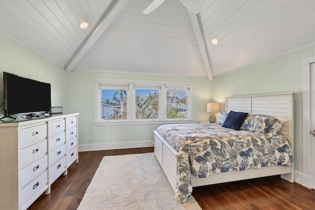 bedroom featuring vaulted ceiling with beams, ceiling fan, wooden ceiling, and dark hardwood / wood-style floors