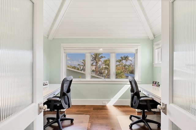 office area featuring hardwood / wood-style floors, lofted ceiling with beams, and wood ceiling