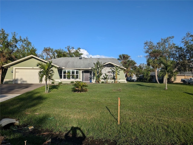 single story home featuring a front lawn and a garage