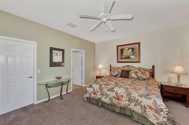 carpeted bedroom featuring ceiling fan