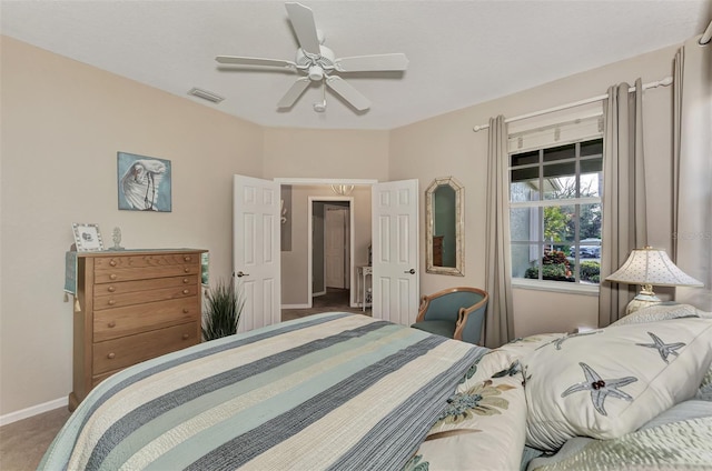 bedroom featuring carpet flooring and ceiling fan