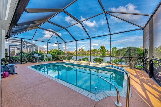 view of pool featuring central AC unit, glass enclosure, a patio area, and a water view