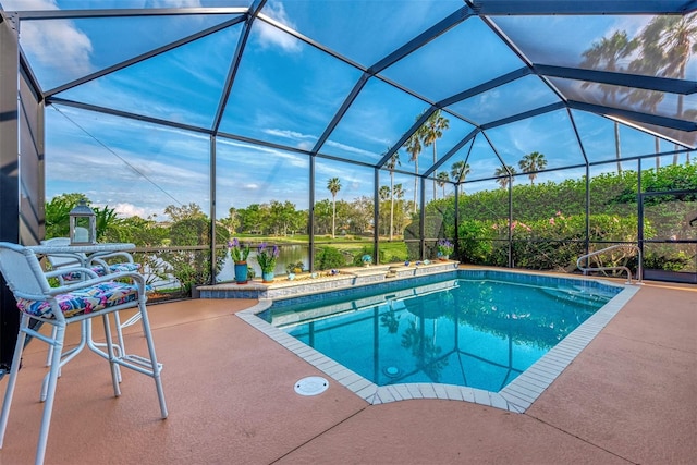 view of swimming pool with a lanai, a water view, and a patio