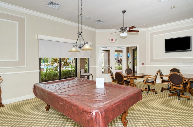 recreation room featuring ceiling fan, pool table, carpet floors, and ornamental molding