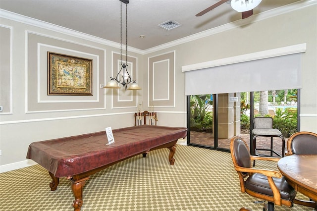 playroom featuring ceiling fan, pool table, carpet, and ornamental molding