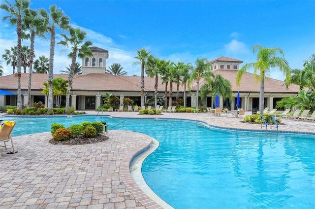 view of swimming pool featuring a patio area