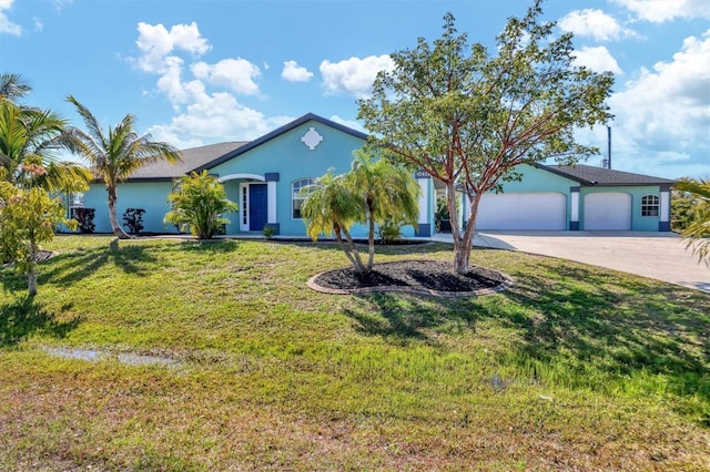 ranch-style home featuring a garage and a front yard