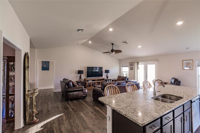 kitchen with a center island with sink, sink, light stone countertops, vaulted ceiling, and dark hardwood / wood-style flooring