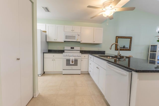 kitchen with white cabinetry, white appliances, kitchen peninsula, and sink