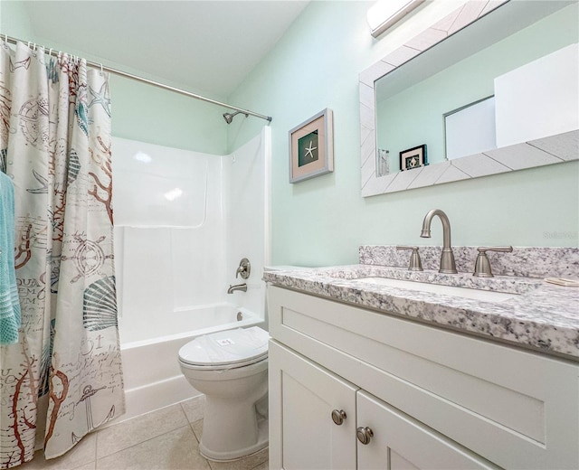 full bathroom featuring shower / tub combo with curtain, vanity, toilet, and tile patterned flooring