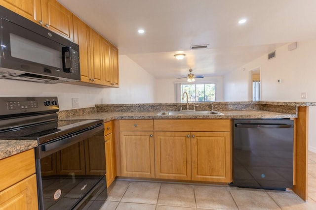 kitchen featuring ceiling fan, sink, kitchen peninsula, light tile patterned flooring, and black appliances