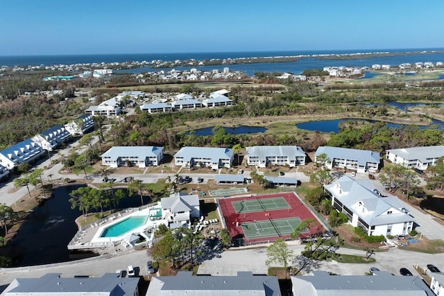 aerial view featuring a water view