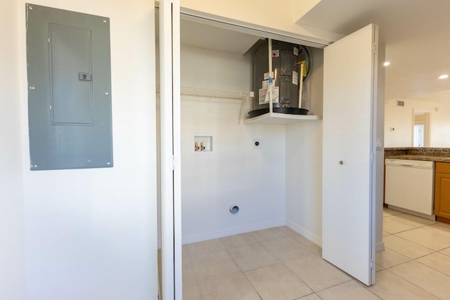 laundry room featuring hookup for an electric dryer, light tile patterned flooring, electric panel, and washer hookup