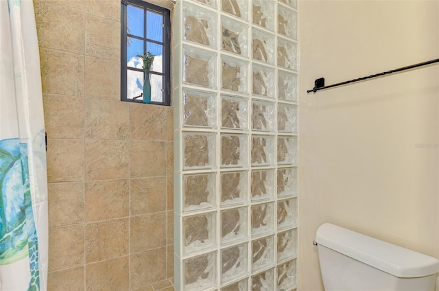 bathroom with a shower with shower curtain and toilet