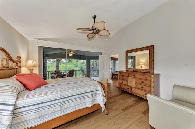 bedroom featuring ceiling fan, access to exterior, light wood-type flooring, and lofted ceiling