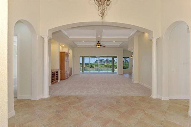 hall featuring beamed ceiling, light carpet, decorative columns, and coffered ceiling