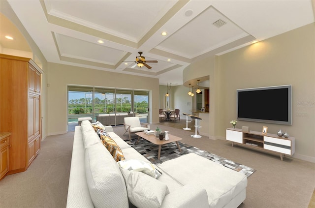 living room with carpet floors, ceiling fan, beamed ceiling, and coffered ceiling