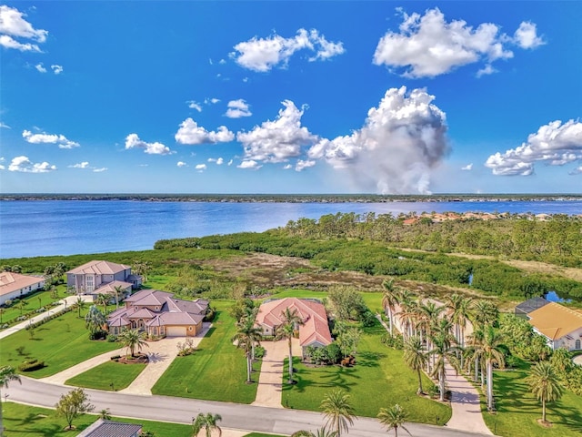 aerial view featuring a water view