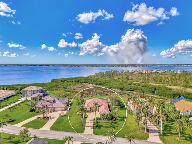 aerial view featuring a water view