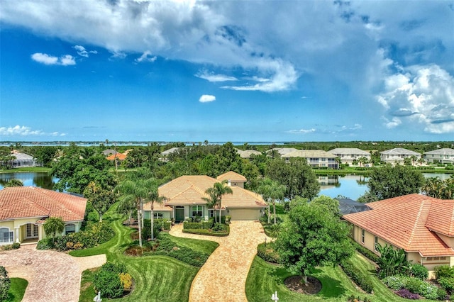 drone / aerial view featuring a water view