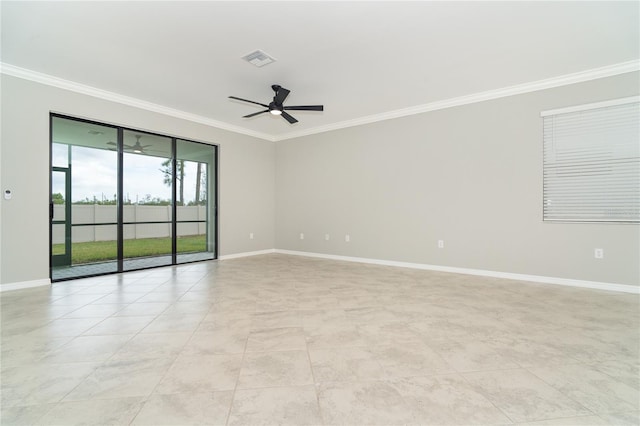 tiled spare room featuring ornamental molding and ceiling fan