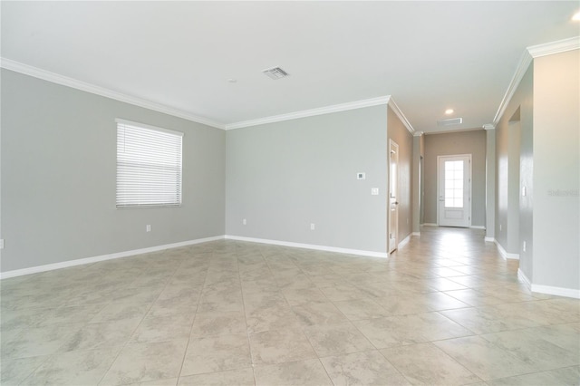 unfurnished room with visible vents, crown molding, baseboards, light tile patterned floors, and recessed lighting