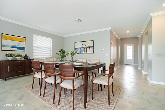 dining room with visible vents, ornamental molding, recessed lighting, light tile patterned floors, and baseboards