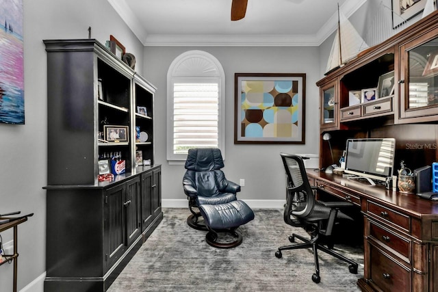 office featuring ceiling fan and ornamental molding