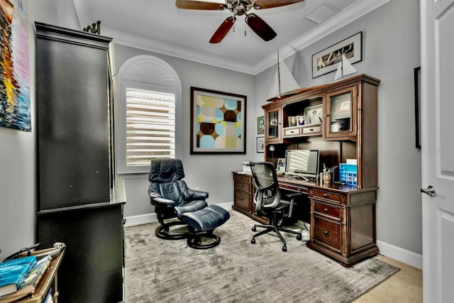 tiled office featuring ceiling fan and crown molding