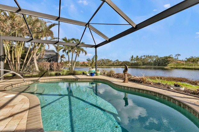 view of pool with a water view and a lanai