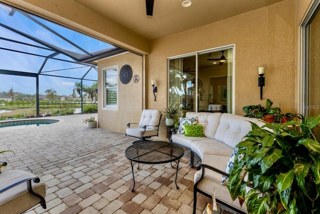 view of patio / terrace with outdoor lounge area and a lanai