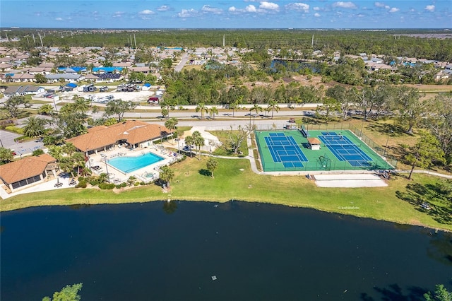 drone / aerial view with a water view