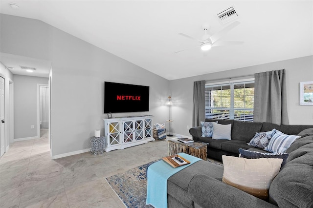 living room featuring vaulted ceiling and ceiling fan