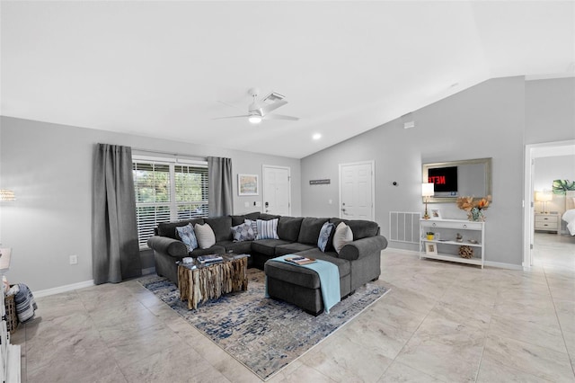 living room with ceiling fan and lofted ceiling