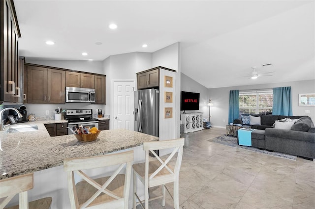 kitchen with light stone countertops, stainless steel appliances, lofted ceiling, and sink