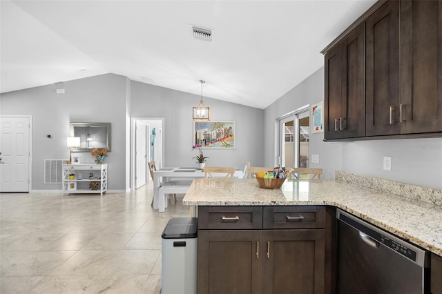 kitchen featuring dark brown cabinets, stainless steel dishwasher, and lofted ceiling