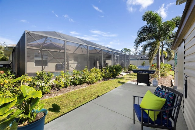 view of patio / terrace featuring glass enclosure