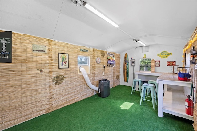 recreation room with lofted ceiling and dark colored carpet