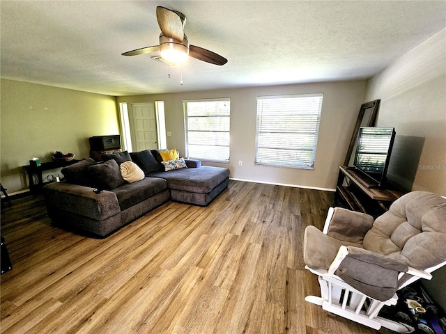 living room featuring ceiling fan, a textured ceiling, and light wood-type flooring