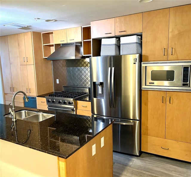 kitchen with dark stone counters, sink, decorative backsplash, appliances with stainless steel finishes, and wood-type flooring