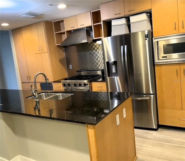 kitchen featuring backsplash, dark stone counters, sink, light wood-type flooring, and appliances with stainless steel finishes