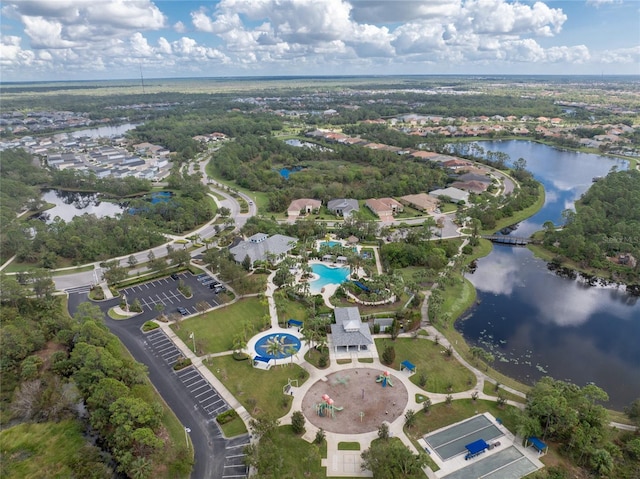 bird's eye view with a water view