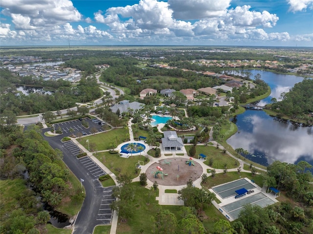 drone / aerial view with a water view